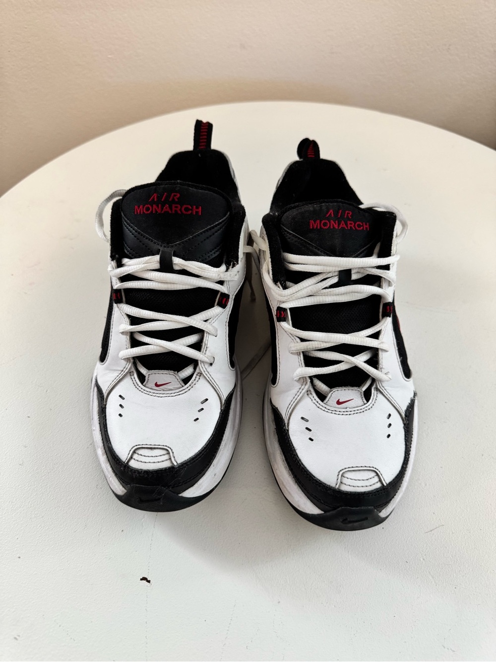 Nike White Black with Red Accent Air Monarch Sneakers